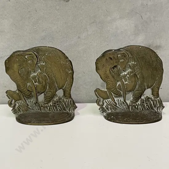 Pair Vintage Solid Brass Elephant Bookends. H13cm