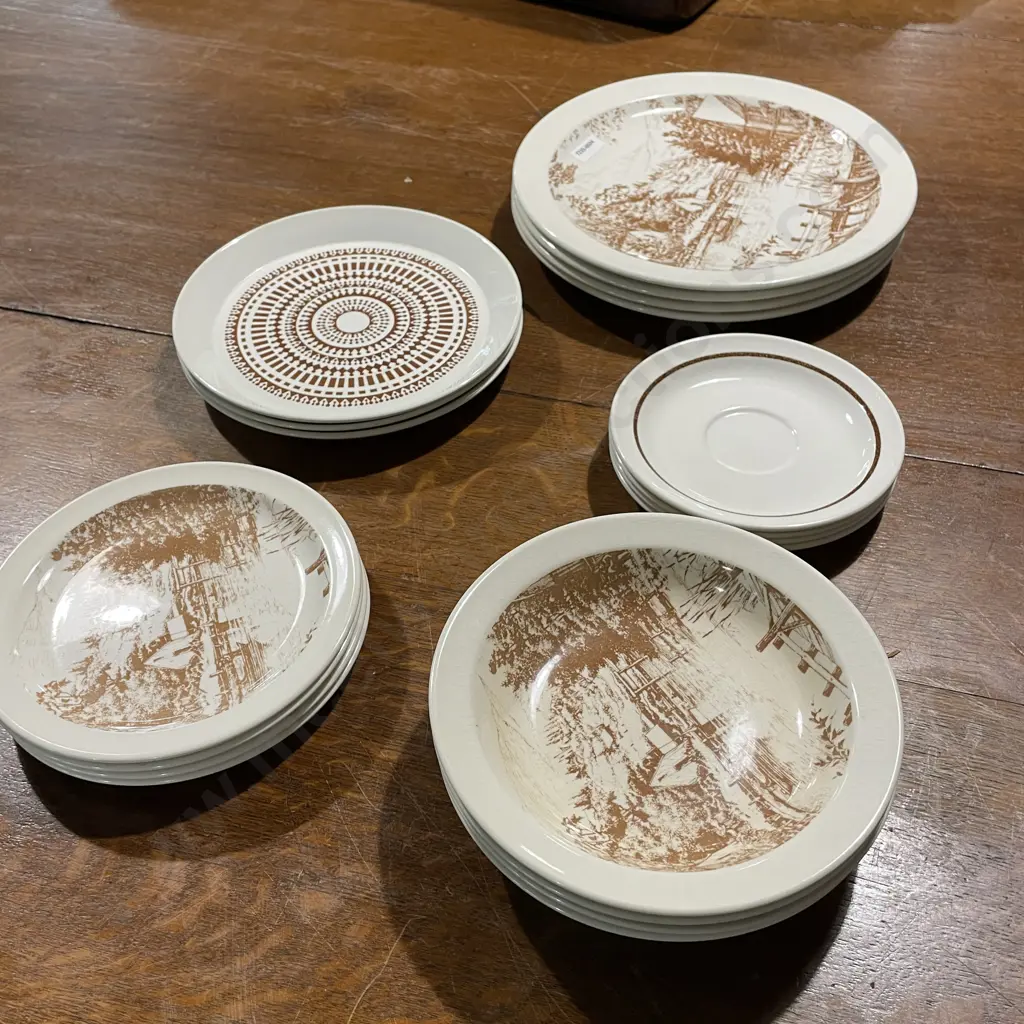 Crown Lynn Riverside Brown Dinnerware with 3 Crown Lynn Roulette Entree Plates Image 1++