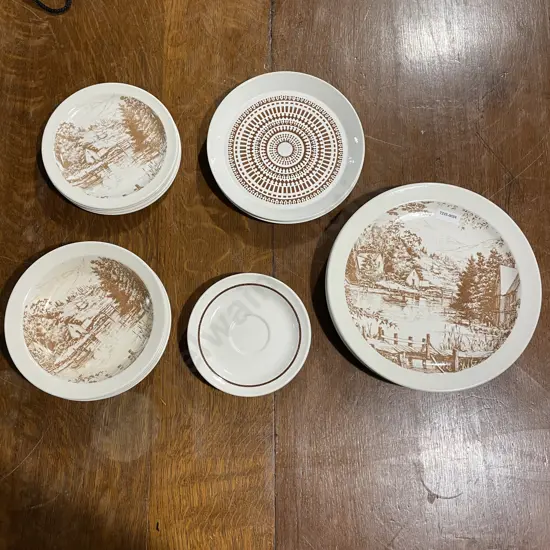 Crown Lynn Riverside Brown Dinnerware with 3 Crown Lynn Roulette Entree Plates