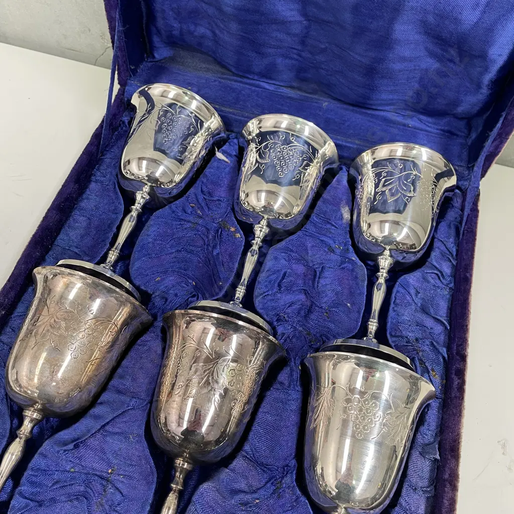 Vintage Presentation Boxed Set of 6 Silver Plated Wine Goblets. Etched grapes/leaves design Image 1++