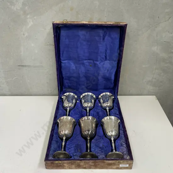 Vintage Presentation Boxed Set of 6 Silver Plated Wine Goblets. Etched grapes/leaves design