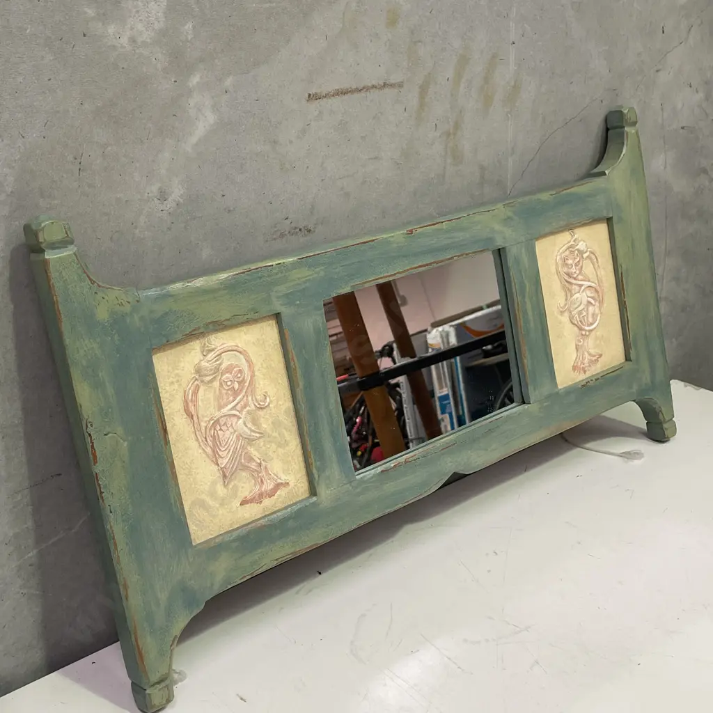 Shabby Chic Wall Hung Mirror with Relief Owl and Cat Panels. 64 x 35cm Image 1++