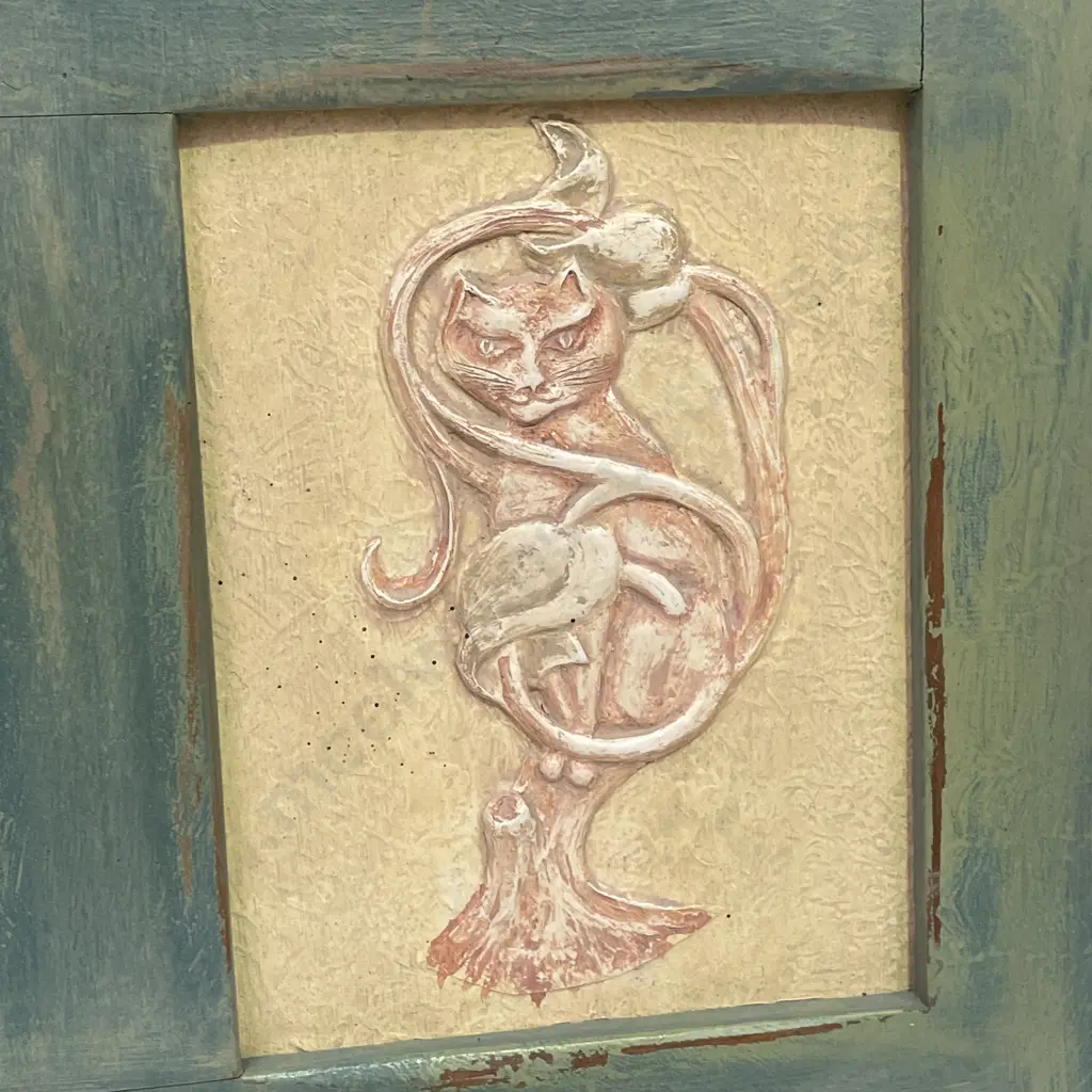 Shabby Chic Wall Hung Mirror with Relief Owl and Cat Panels. 64 x 35cm Image 1++