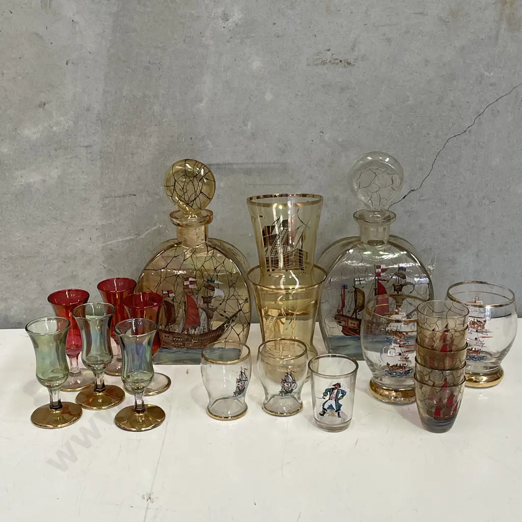 Large Assortment of Vintage Decanters and glasses. Most handpainted Ship/Boat themed Image 1++