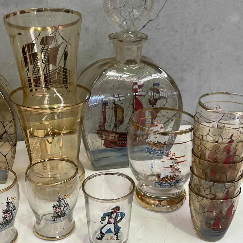 Large Assortment of Vintage Decanters and glasses. Most handpainted Ship/Boat themed Image 1++