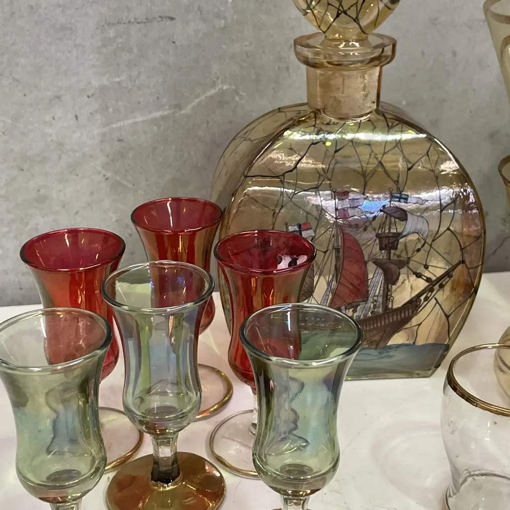Large Assortment of Vintage Decanters and glasses. Most handpainted Ship/Boat themed Image 1++
