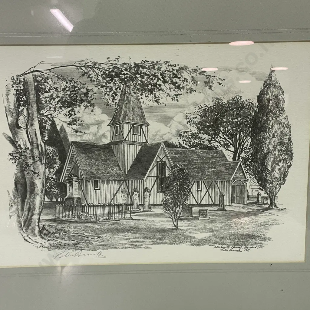 Framed Signed Peter Arnold Artwork "All Saints Church Howick" Dated 1981, 58 x 47cm Image 1++