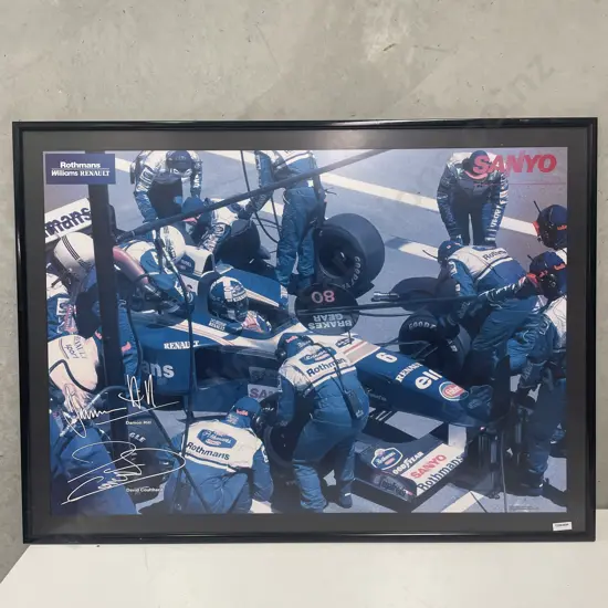 Framed Rothmans Williams Renault Signed Car Racing Photograph. 68 x 92cm
