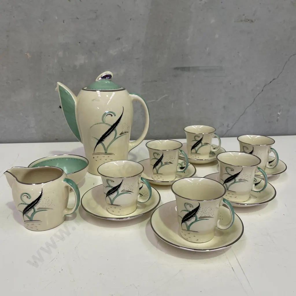 Mid Century Susie Cooper Coffee Set. Handpainted stylised decoration. AF to inside rim of teapot Image 1++