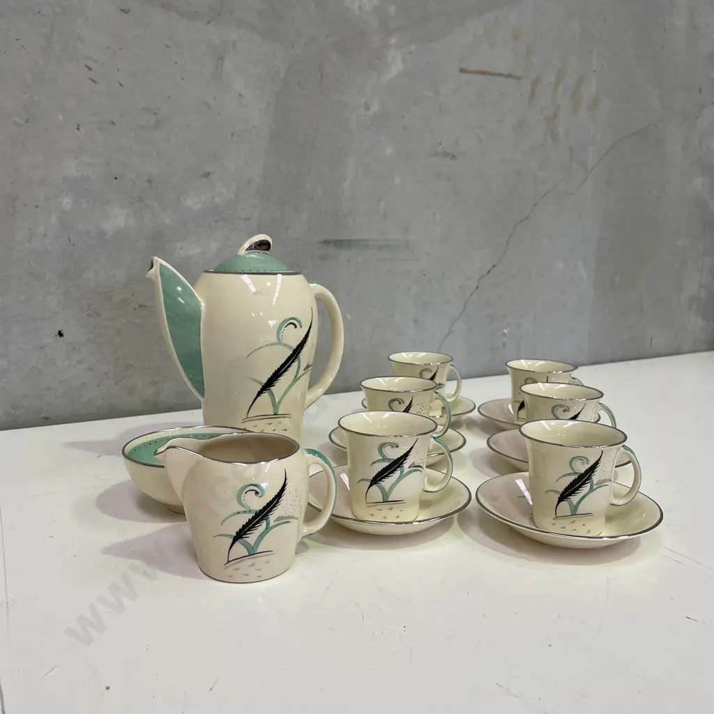 Mid Century Susie Cooper Coffee Set. Handpainted stylised decoration. AF to inside rim of teapot Image 1++