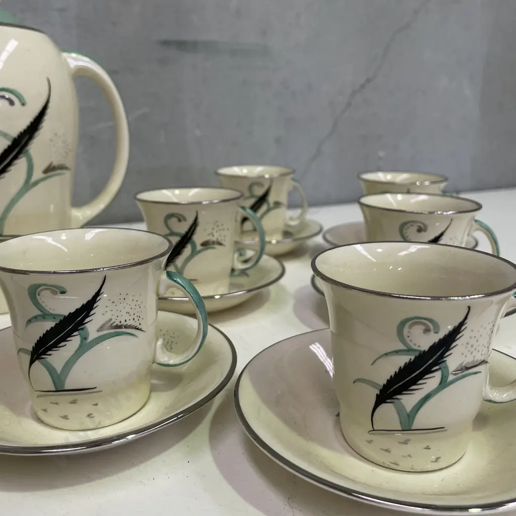 Mid Century Susie Cooper Coffee Set. Handpainted stylised decoration. AF to inside rim of teapot Image 1++