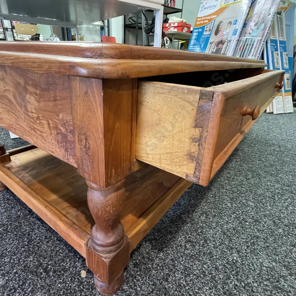Recycled Solid Rimu? Coffee Table. Single Draw opens both sides. H45 T121 x 60cm Image 1++