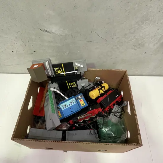 Box of Assorted Trains, Carriages, Tracks etc