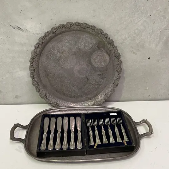 Boxed Quality Silver Plate Fish Set with two Trays
