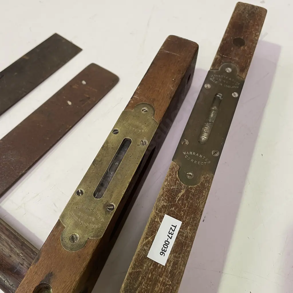 Two Antique J. Rabone & Sons Wooden and Brass Levels with 3 Antique Squares Image 1++