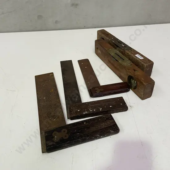Two Antique J. Rabone & Sons Wooden and Brass Levels with 3 Antique Squares