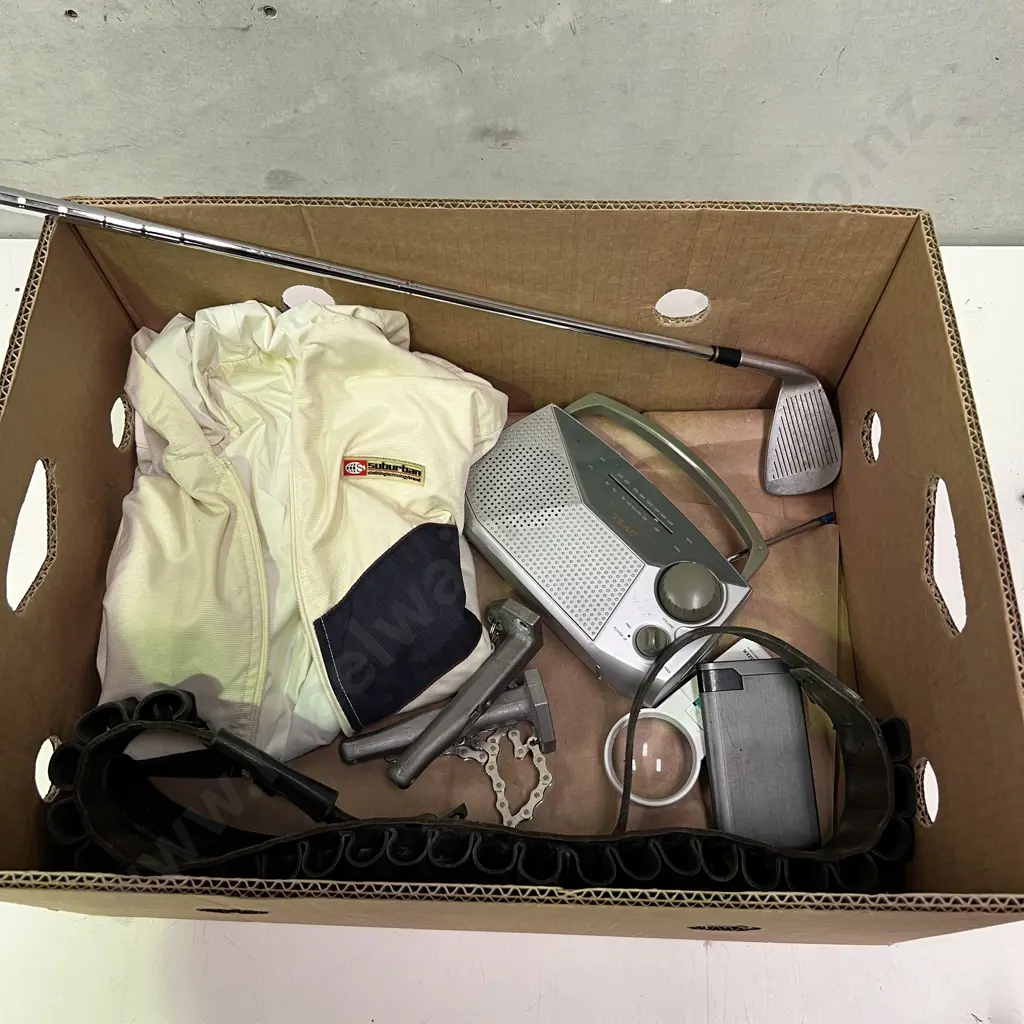 Box of Assorted: Leather Ammunition belt, Jacket, Golfing Iron, Power Bank etc Image 1++
