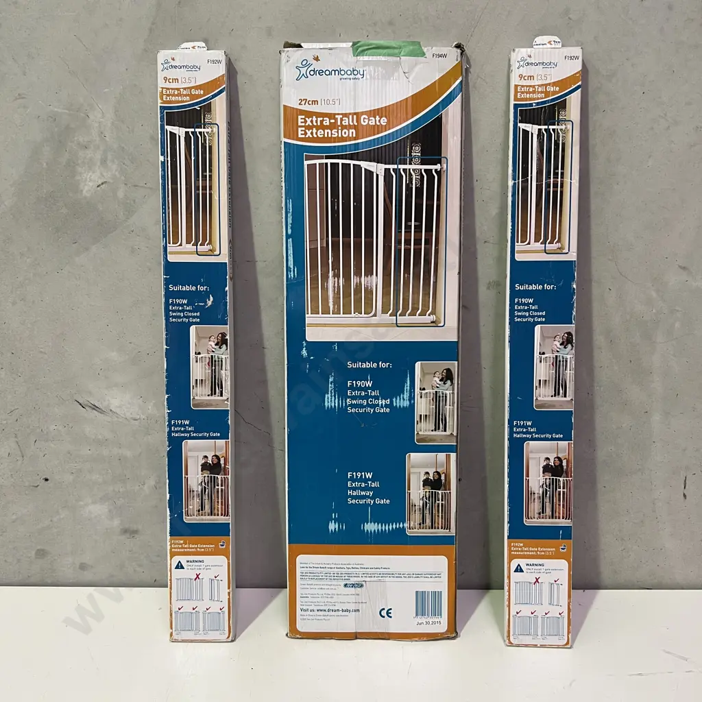 3 x Boxed Dreambaby Extra-Tall Swing Security Gate Extensions White. F194W and 2 x F192W2 x 9cm, 1 x 27cm. Image 1++