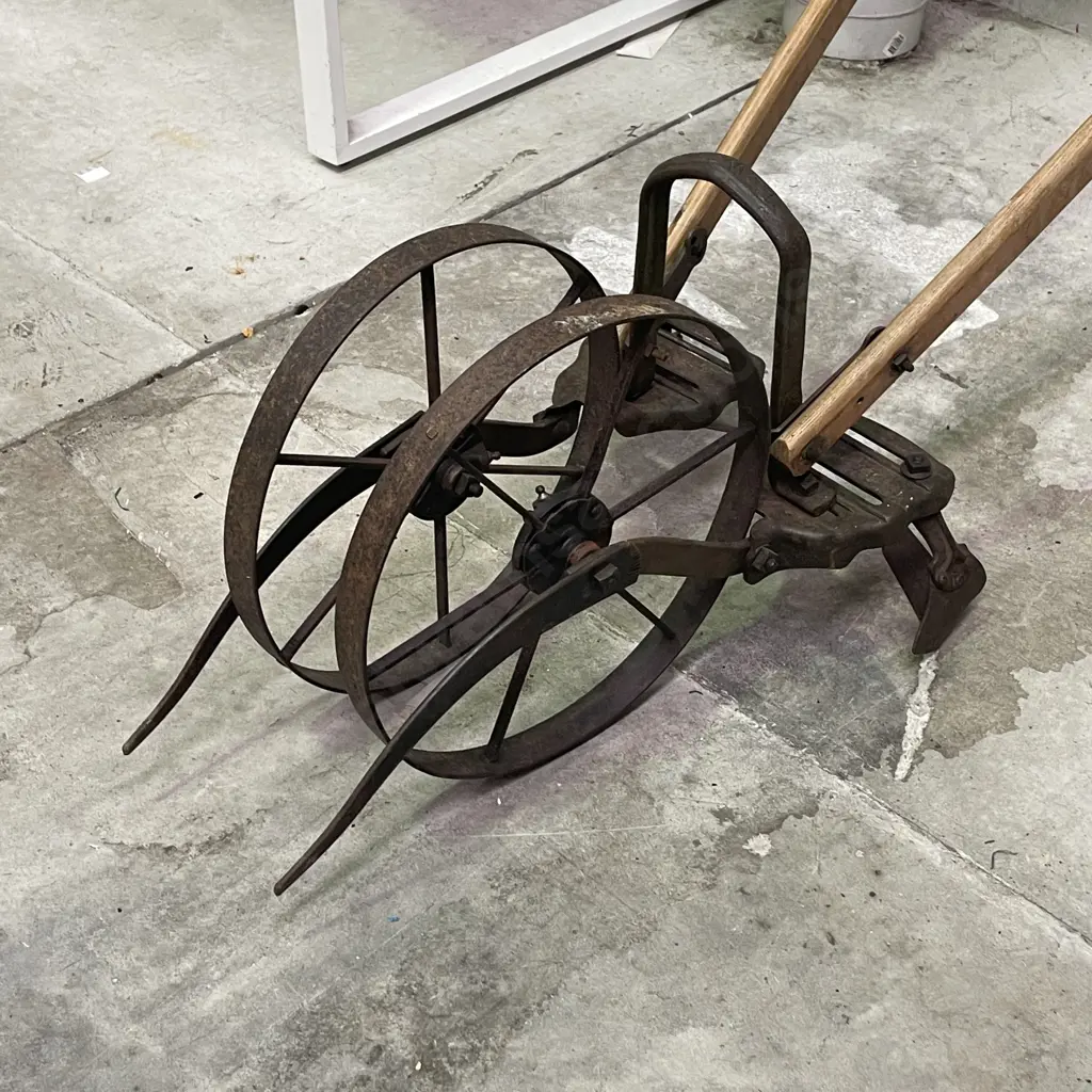Planet JR Vintage Plow/Hoe. Cast Iron Wheels and Plow with Wooden Handles. L180cm Image 1++