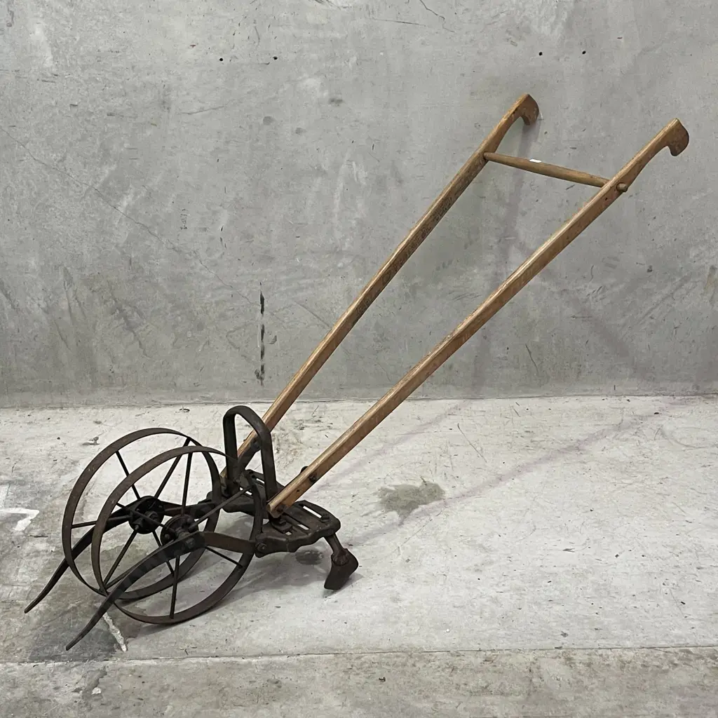 Planet JR Vintage Plow/Hoe. Cast Iron Wheels and Plow with Wooden Handles. L180cm Image 1++