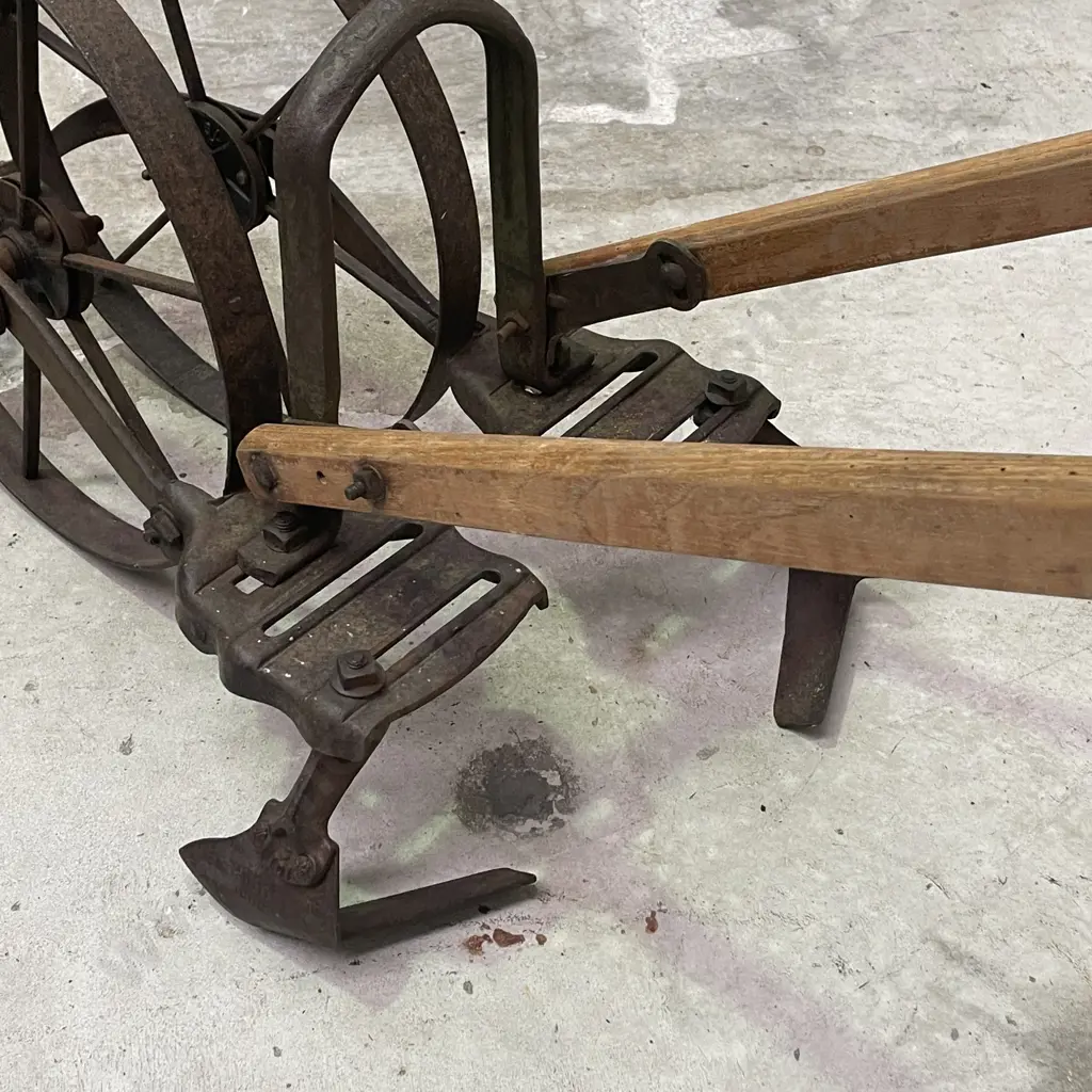 Planet JR Vintage Plow/Hoe. Cast Iron Wheels and Plow with Wooden Handles. L180cm Image 1++