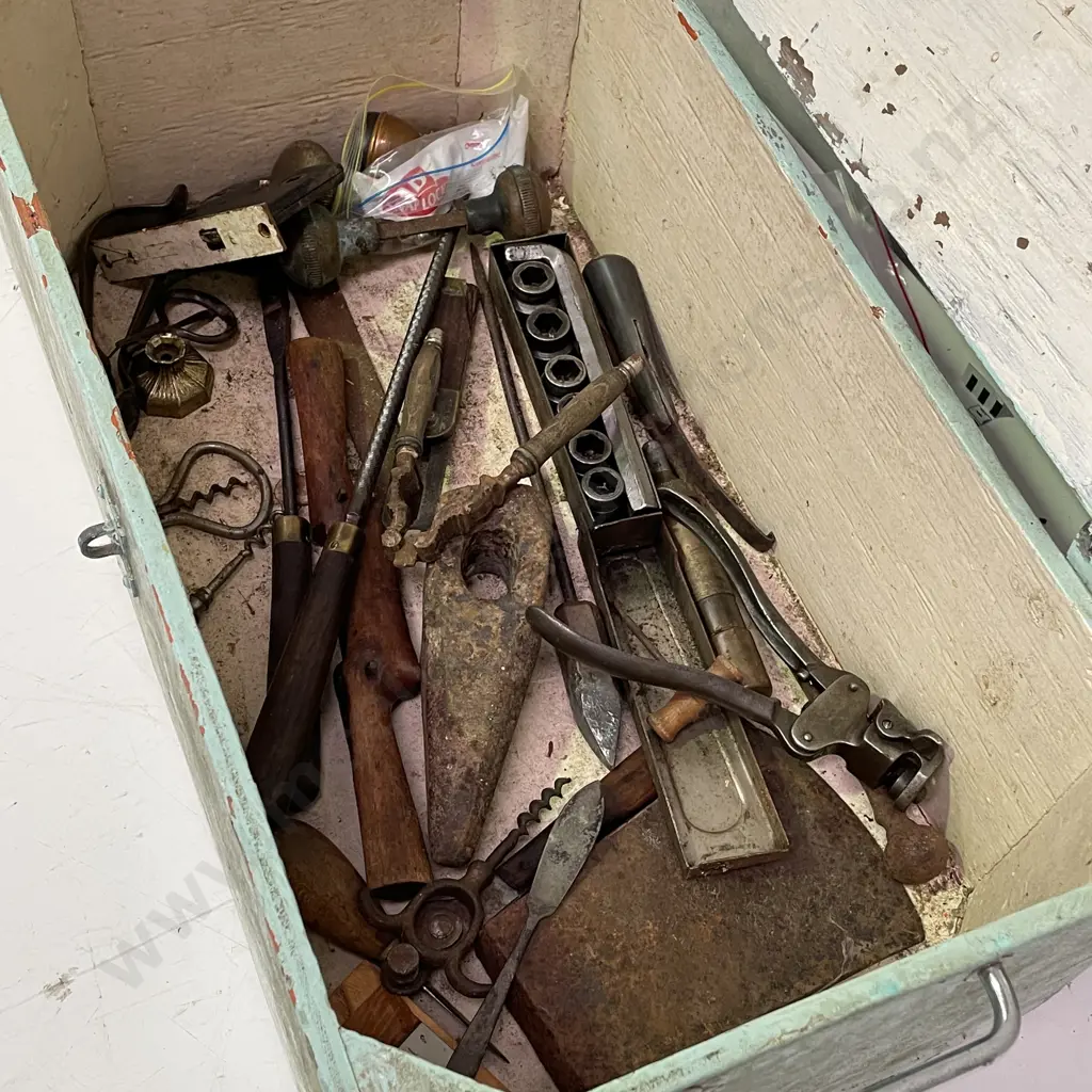 Green Painted Wooden Box with assorted tools Image 1++