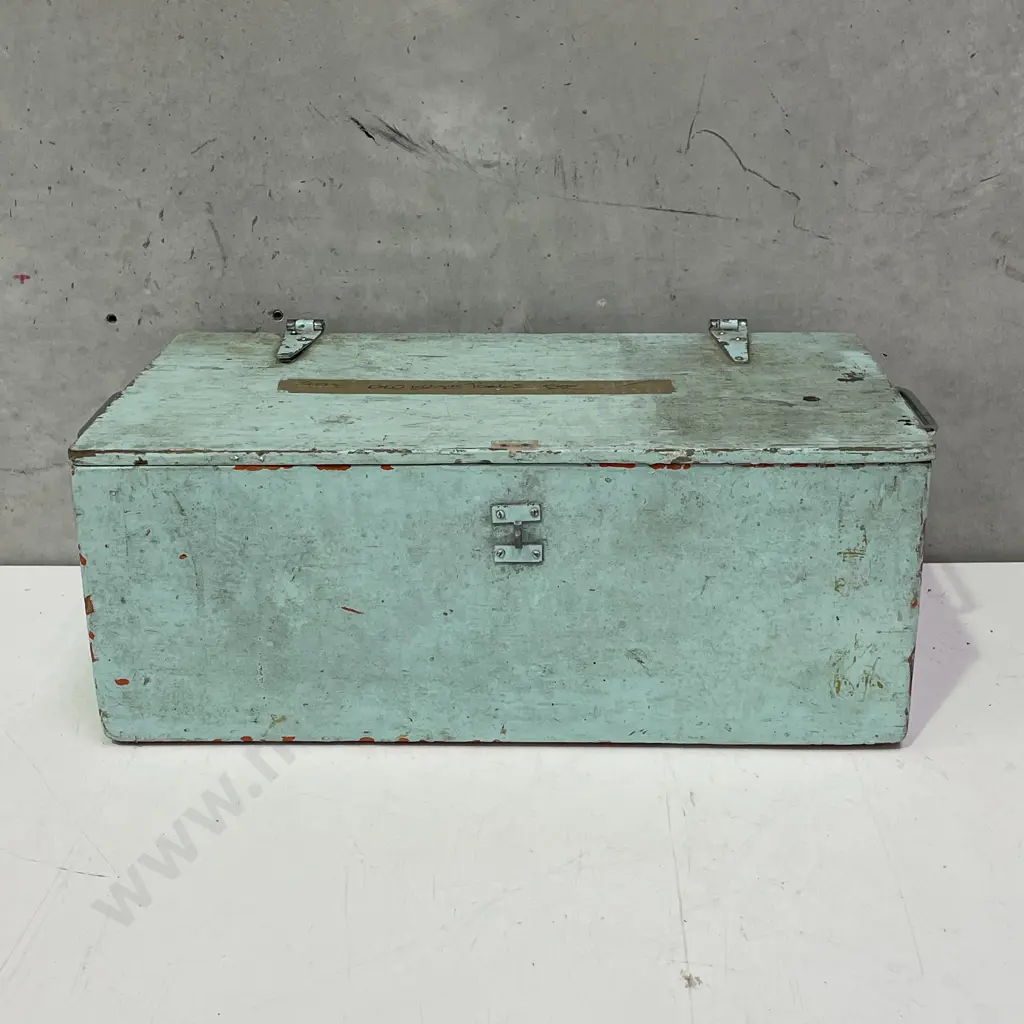 Green Painted Wooden Box with assorted tools Image 1++