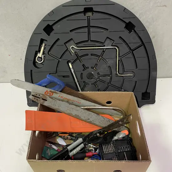 Box of Assorted Tools with Black Plastic Spare Wheel Cover with Tyre Iron