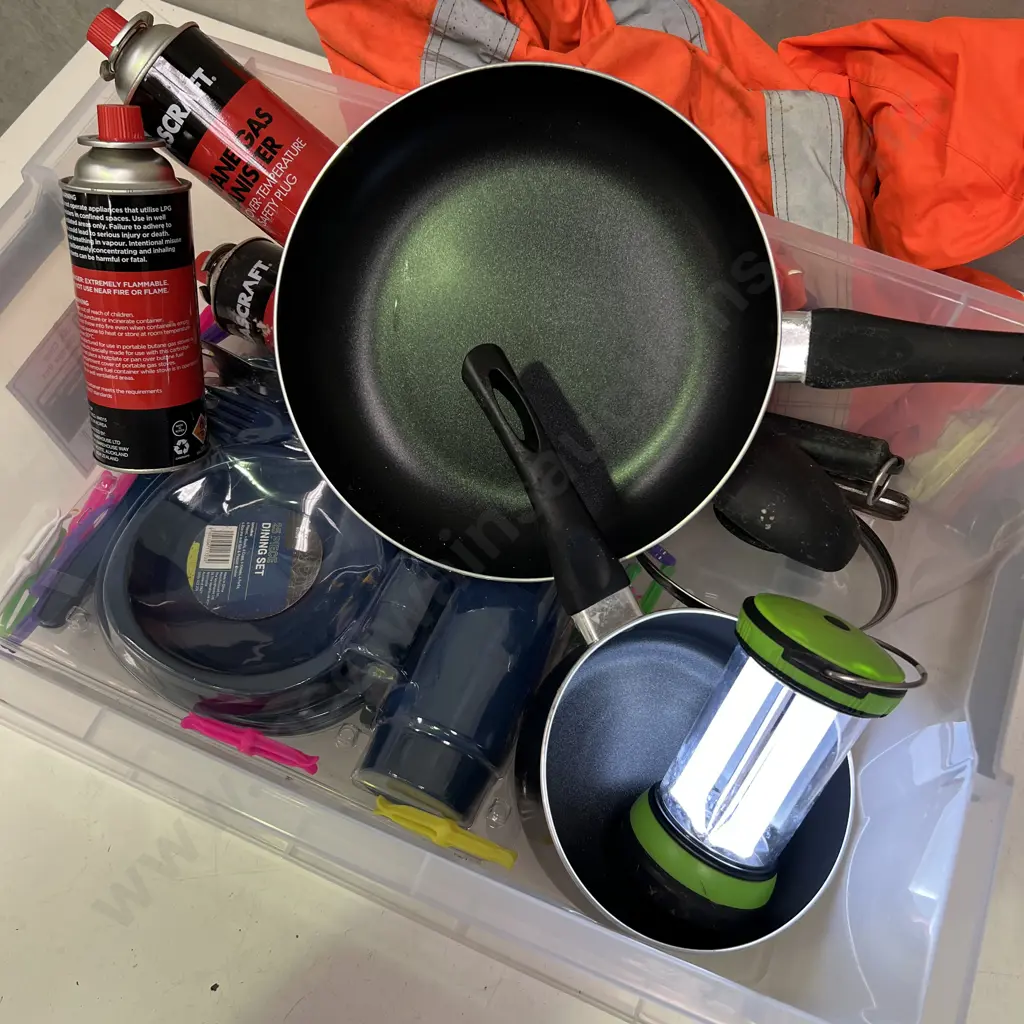 Plastic Bin full with assorted camping items etc Image 1++