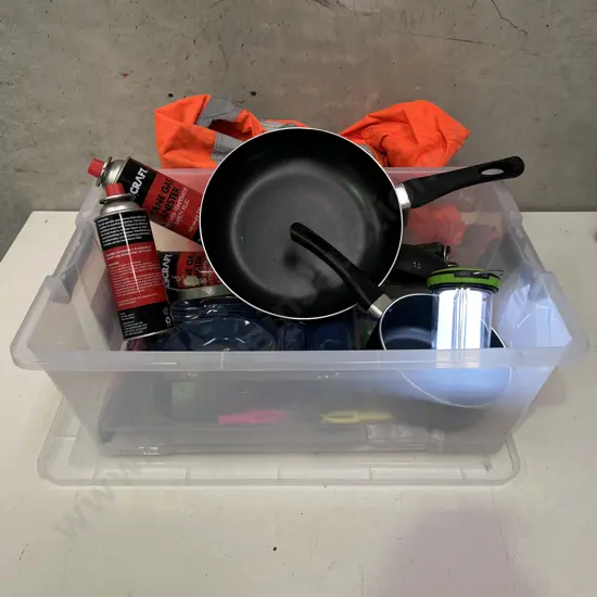Plastic Bin full with assorted camping items etc