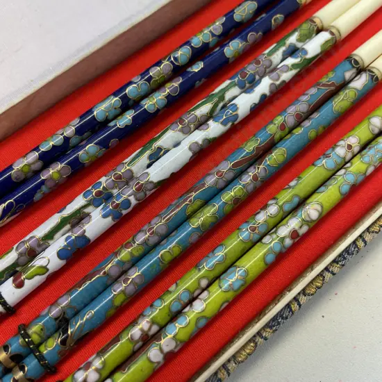Vintage Set of 4 Pair of Cloisonne Chopsticks in Padded Case