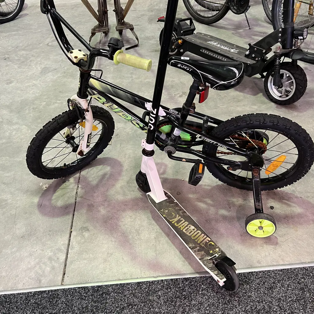 Childs Zinc Backbone Scooter with Burst BMX Bike with training wheels Image 1++