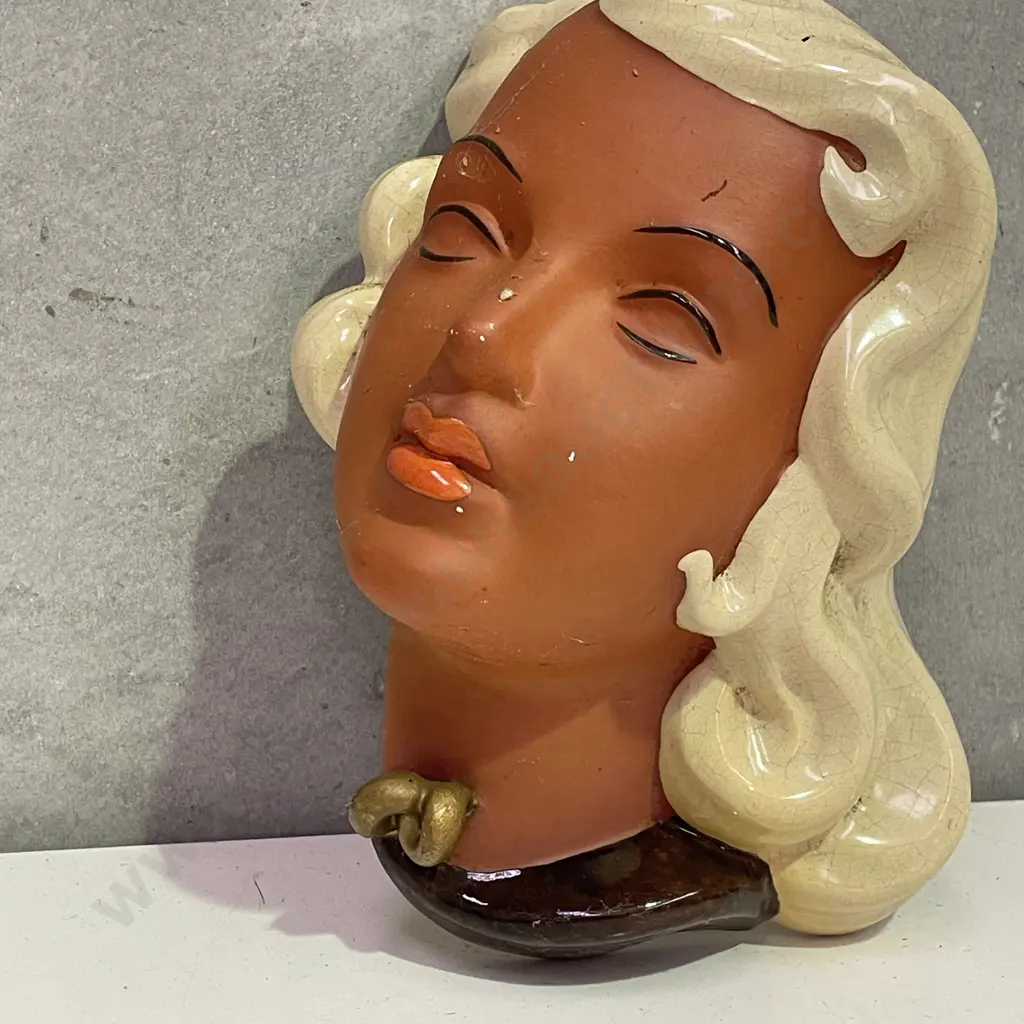 Mid Century Handpainted Art Pottery Wall Hung Face H20  Image 1++