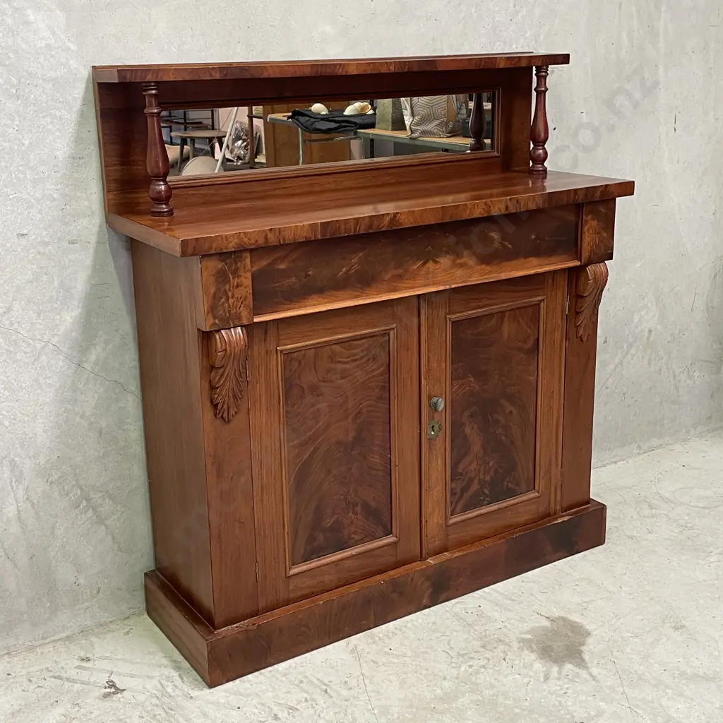 Antique Solid Mahogany Mirror backed Sideboard. 2 Door, Single drawer. Burr Rosewood panels and detail. H115 W108 D33cm Image 1++