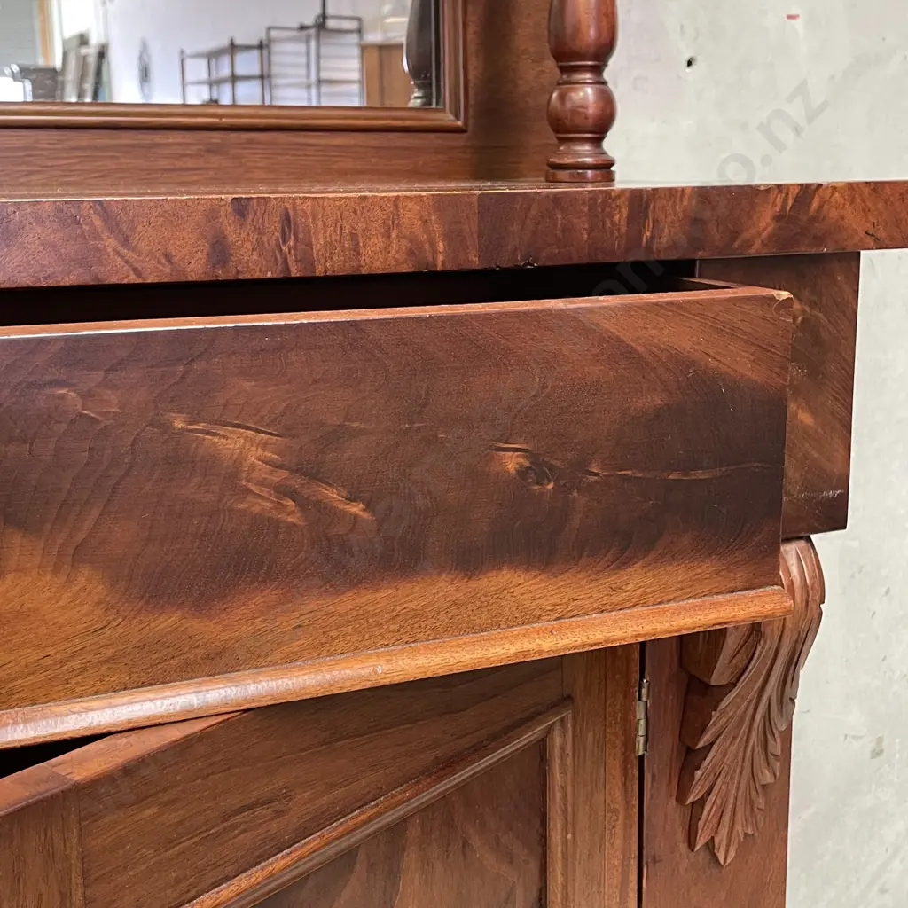 Antique Solid Mahogany Mirror backed Sideboard. 2 Door, Single drawer. Burr Rosewood panels and detail. H115 W108 D33cm Image 1++