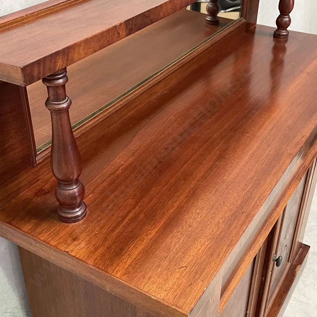 Antique Solid Mahogany Mirror backed Sideboard. 2 Door, Single drawer. Burr Rosewood panels and detail. H115 W108 D33cm Image 1++