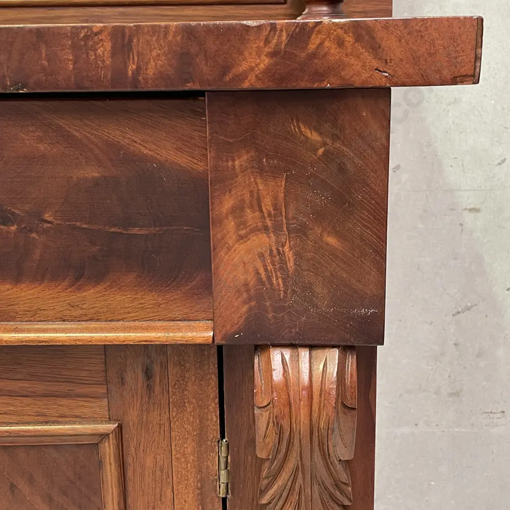 Antique Solid Mahogany Mirror backed Sideboard. 2 Door, Single drawer. Burr Rosewood panels and detail. H115 W108 D33cm Image 1++