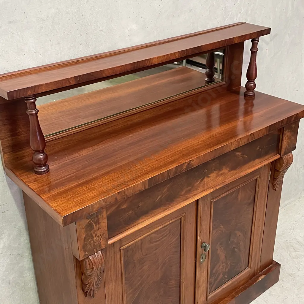 Antique Solid Mahogany Mirror backed Sideboard. 2 Door, Single drawer. Burr Rosewood panels and detail. H115 W108 D33cm Image 1++