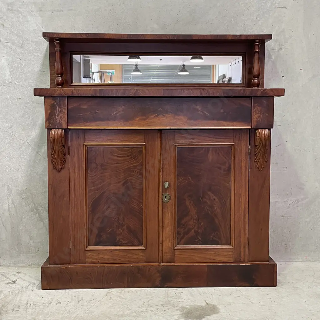 Antique Solid Mahogany Mirror backed Sideboard. 2 Door, Single drawer. Burr Rosewood panels and detail. H115 W108 D33cm Image 1++