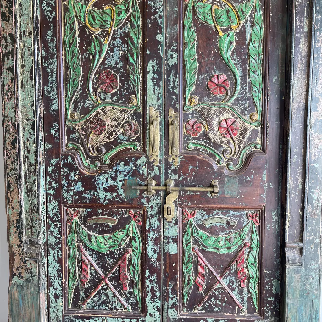 Magnificent Original Vintage Teak Double Door with brass detail. Handpainted and intricately carved. Image 1++