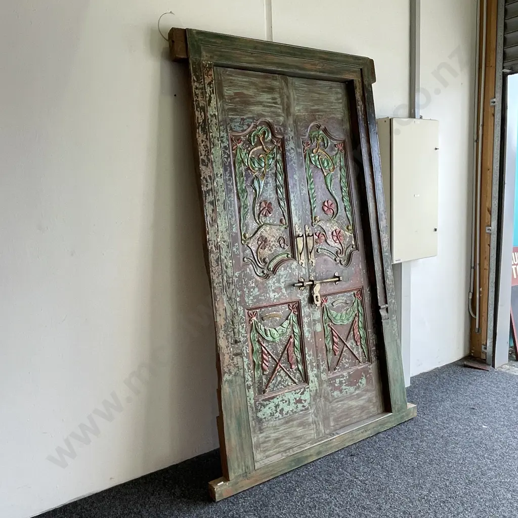 Magnificent Original Vintage Teak Double Door with brass detail. Handpainted and intricately carved. Image 1++