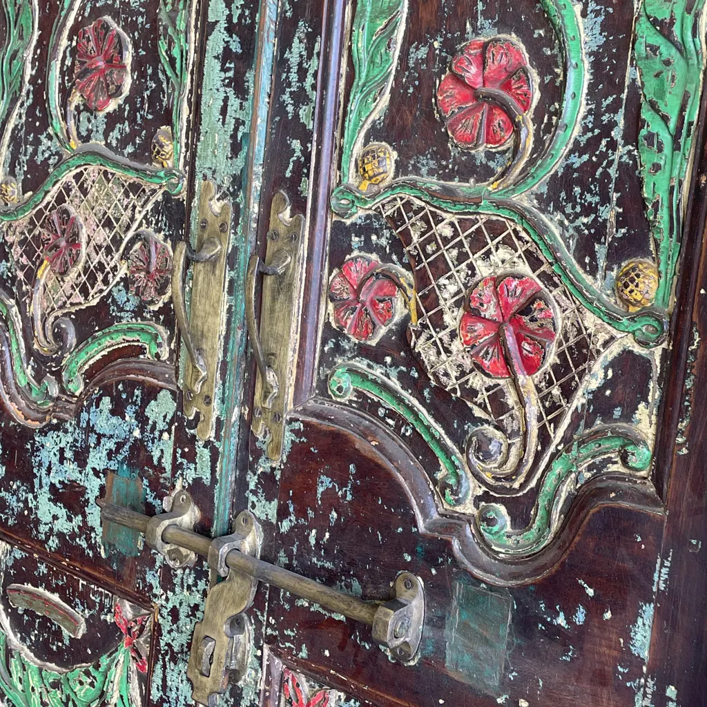 Magnificent Original Vintage Teak Double Door with brass detail. Handpainted and intricately carved. Image 1++