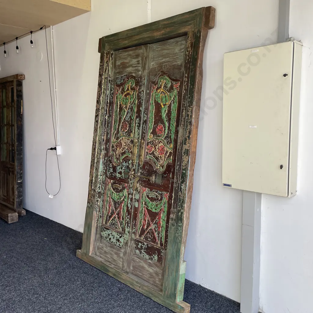 Magnificent Original Vintage Teak Double Door with brass detail. Handpainted and intricately carved. Image 1++