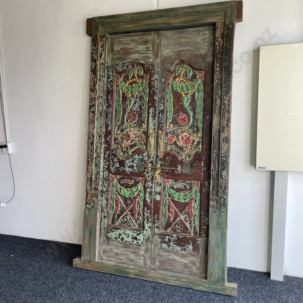 Magnificent Original Vintage Teak Double Door with brass detail. Handpainted and intricately carved. Image 1++