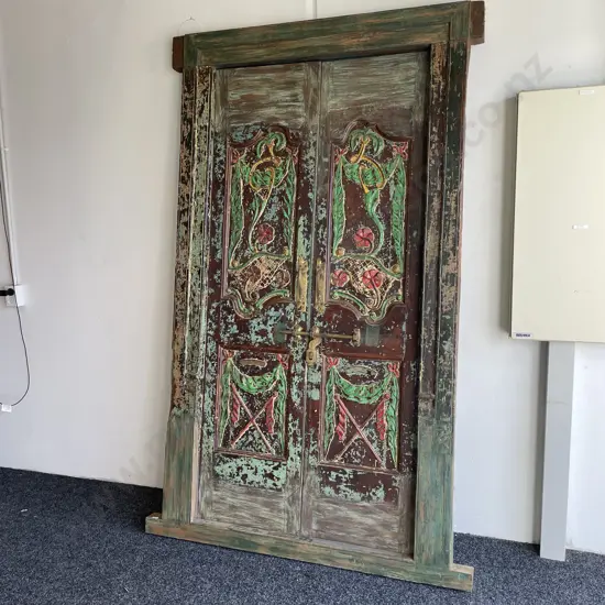 Magnificent Original Vintage Teak Double Door with brass detail. Handpainted and intricately carved.