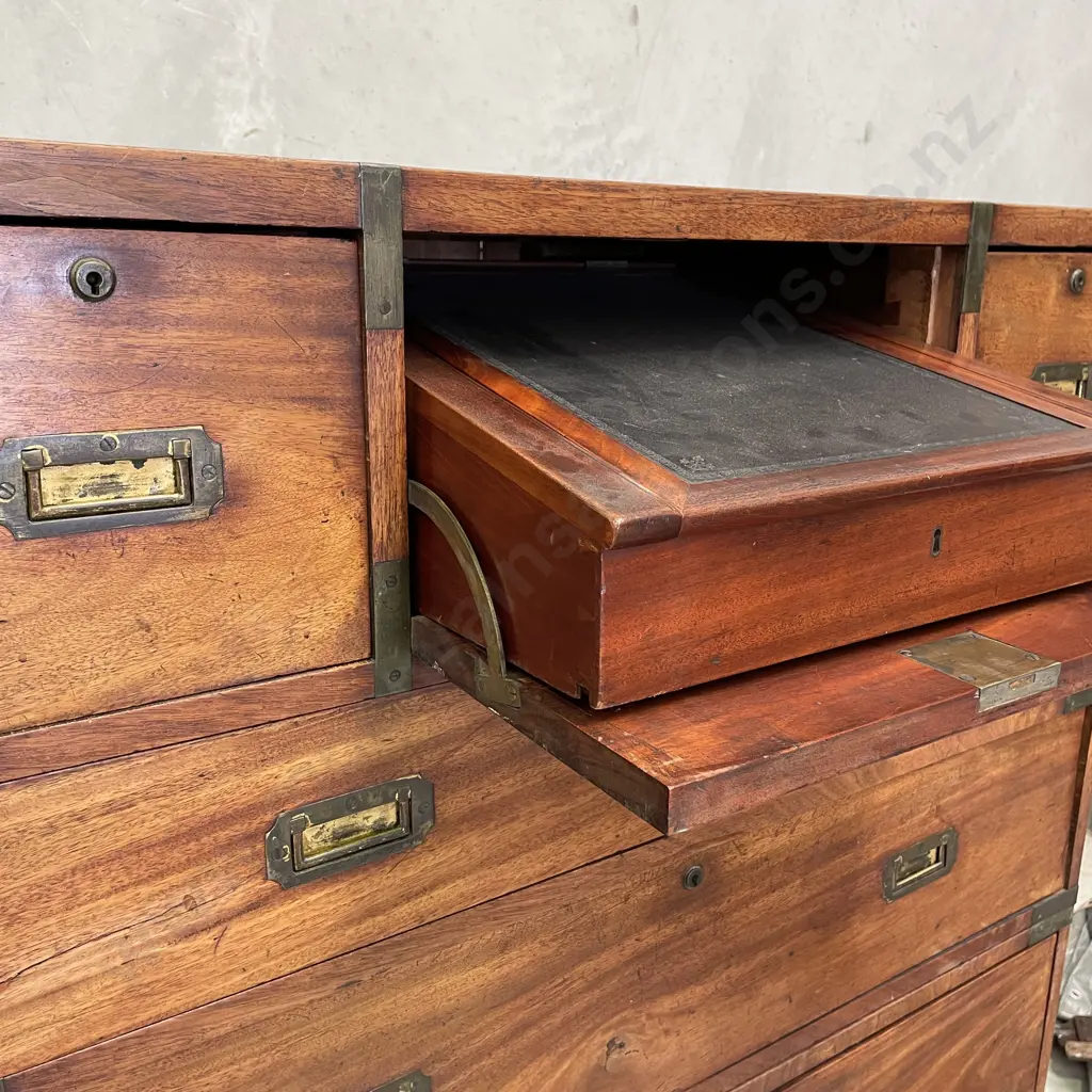 Magnificent English 19th Century Campaign 7 Drawer Chest with Drop Front Desk. H1.48m W1.07m D60cm Image 1++
