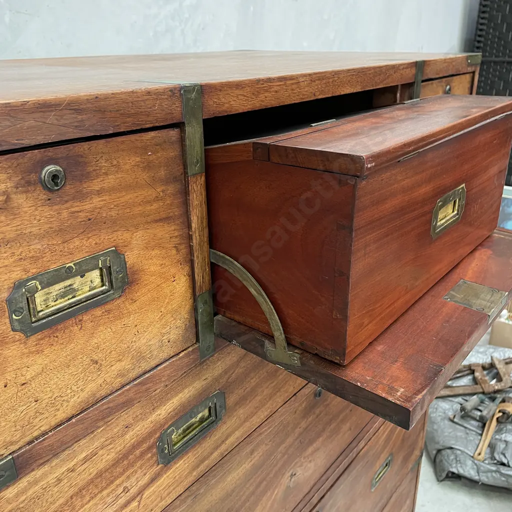 Magnificent English 19th Century Campaign 7 Drawer Chest with Drop Front Desk. H1.48m W1.07m D60cm Image 1++