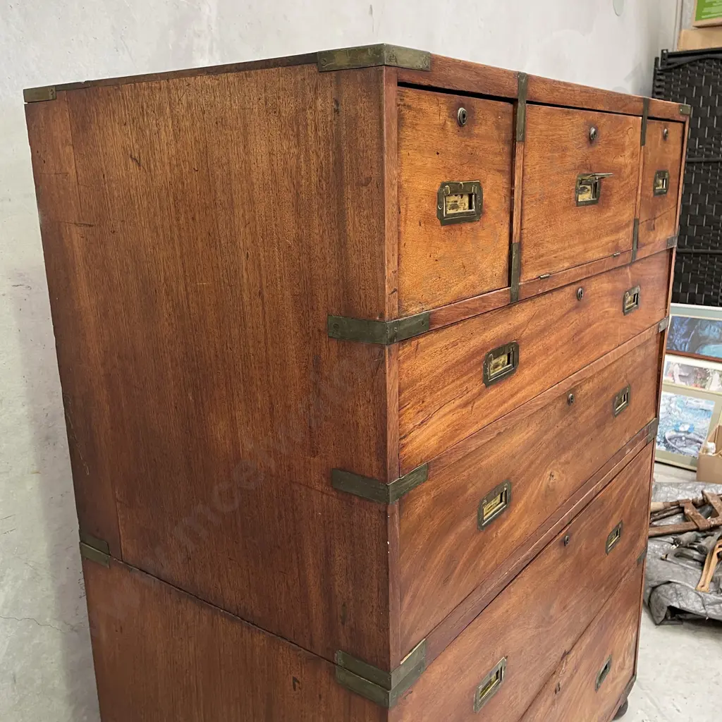 Magnificent English 19th Century Campaign 7 Drawer Chest with Drop Front Desk. H1.48m W1.07m D60cm Image 1++