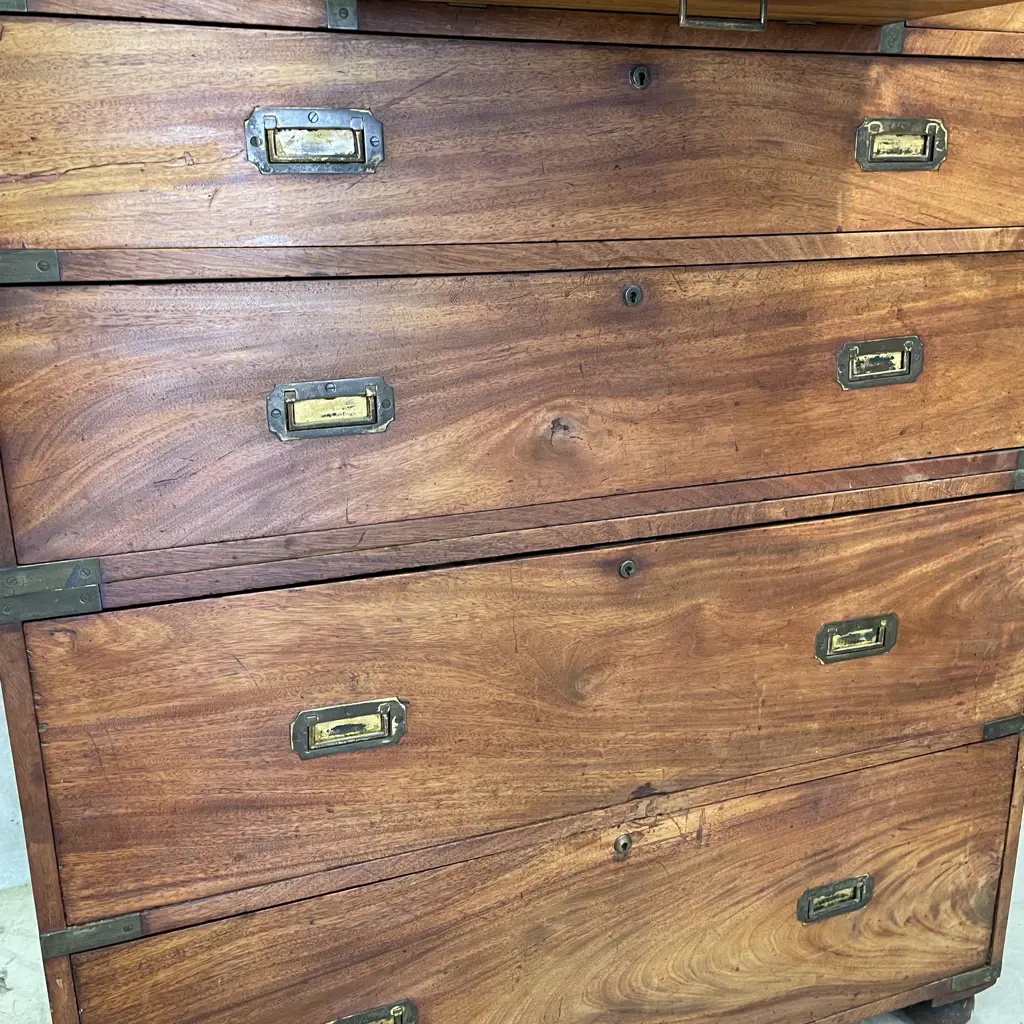Magnificent English 19th Century Campaign 7 Drawer Chest with Drop Front Desk. H1.48m W1.07m D60cm Image 1++