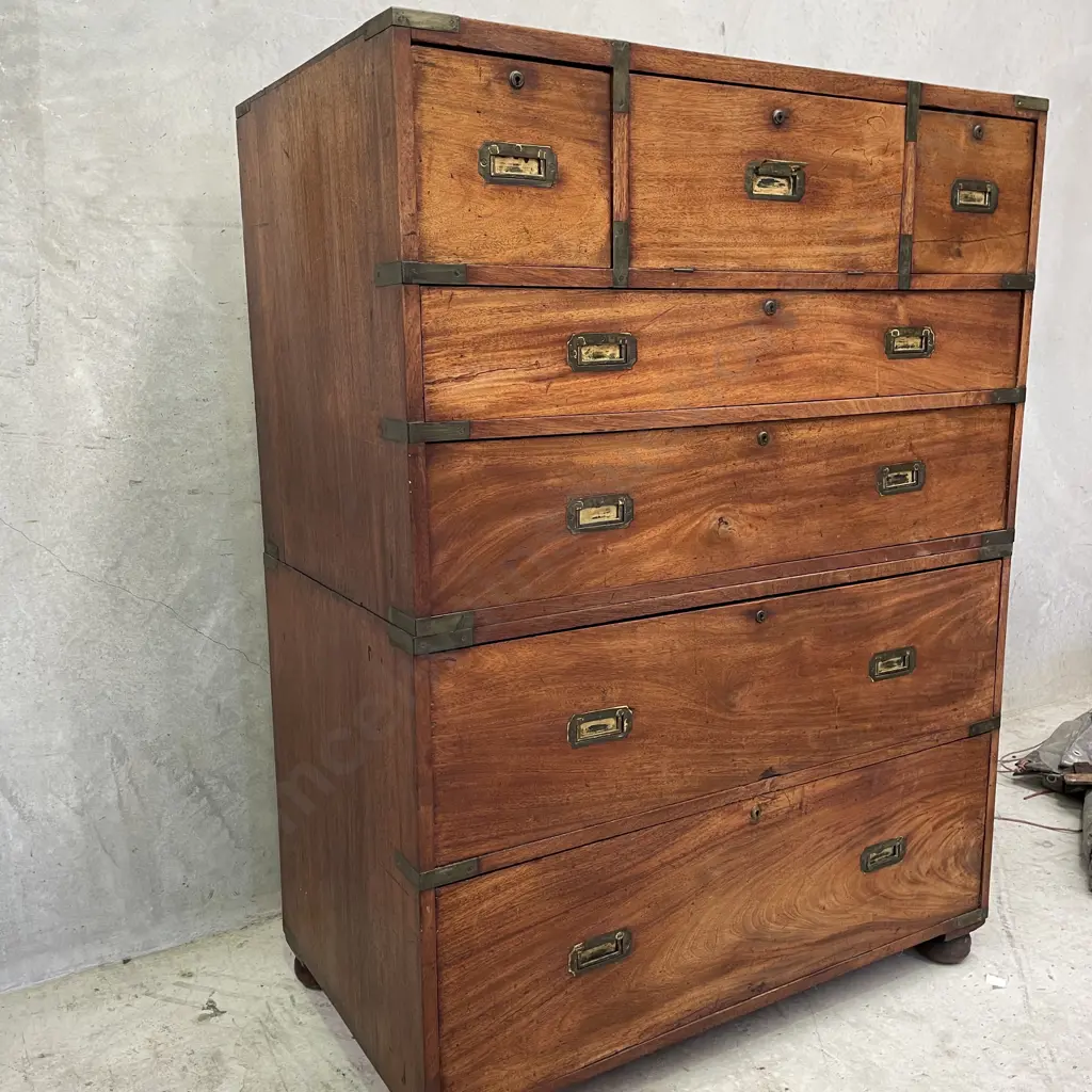 Magnificent English 19th Century Campaign 7 Drawer Chest with Drop Front Desk. H1.48m W1.07m D60cm Image 1++